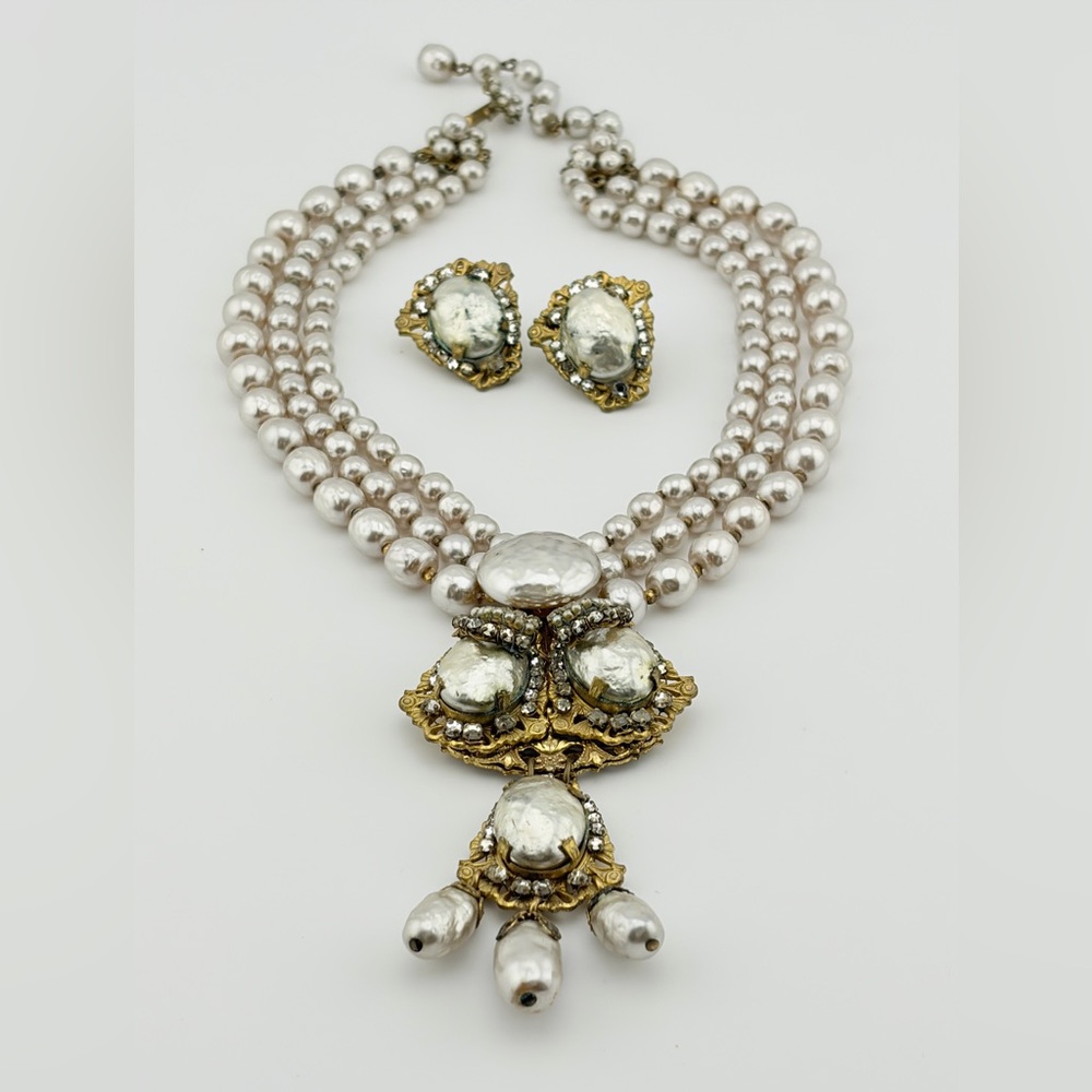 RARE Miriam Haskell Baroque Pearl Pendant Necklace and Earrings